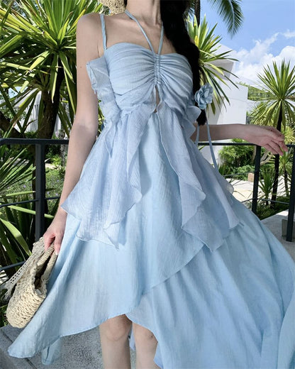 Spaghetti Strap Plain Asymmetrical Midi A-Line Dress