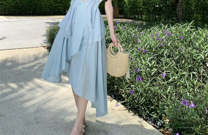 Spaghetti Strap Plain Asymmetrical Midi A-Line Dress