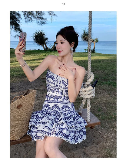 Embroidered Ruched Mini A-Line Tube Dress