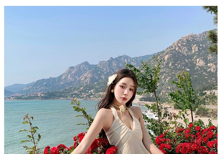 Set: Halter Plain Peplum Tank Top + Asymmetrical Midi A-Line Skirt