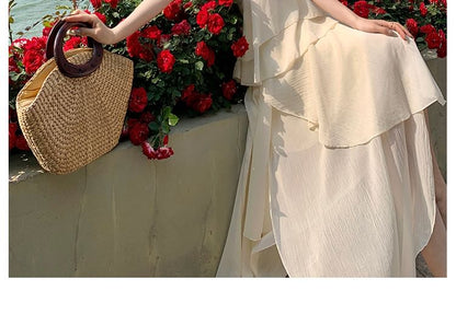 Set: Halter Plain Peplum Tank Top + Asymmetrical Midi A-Line Skirt