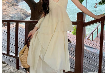 Set: Halter Plain Peplum Tank Top + Asymmetrical Midi A-Line Skirt