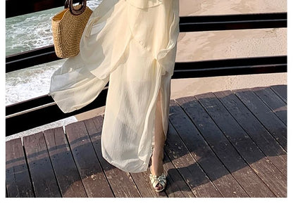 Set: Halter Plain Peplum Tank Top + Asymmetrical Midi A-Line Skirt