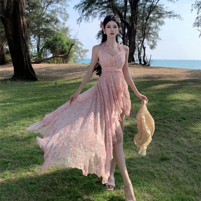 Halter V-Neck Floral Print Asymmetrical Ruffle Trim Ruched Open Back A-Line Dress