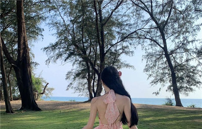 Halter V-Neck Floral Print Asymmetrical Ruffle Trim Ruched Open Back A-Line Dress