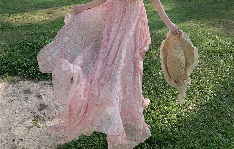 Halter V-Neck Floral Print Asymmetrical Ruffle Trim Ruched Open Back A-Line Dress