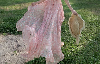 Halter V-Neck Floral Print Asymmetrical Ruffle Trim Ruched Open Back A-Line Dress