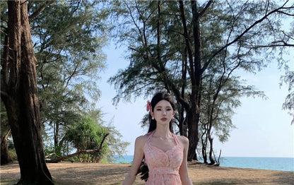 Halter V-Neck Floral Print Asymmetrical Ruffle Trim Ruched Open Back A-Line Dress