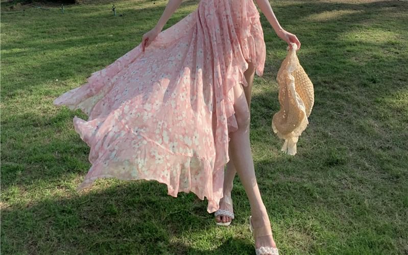 Halter V-Neck Floral Print Asymmetrical Ruffle Trim Ruched Open Back A-Line Dress