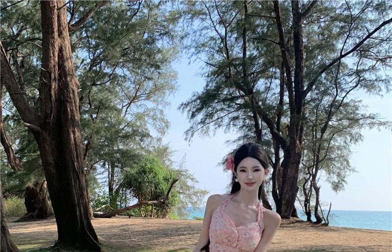 Halter V-Neck Floral Print Asymmetrical Ruffle Trim Ruched Open Back A-Line Dress