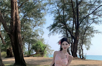 Halter V-Neck Floral Print Asymmetrical Ruffle Trim Ruched Open Back A-Line Dress