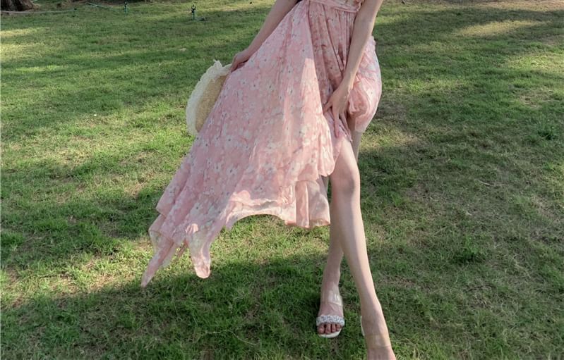 Halter V-Neck Floral Print Asymmetrical Ruffle Trim Ruched Open Back A-Line Dress