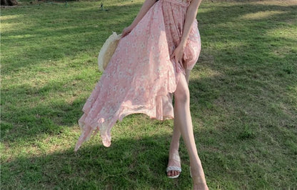 Halter V-Neck Floral Print Asymmetrical Ruffle Trim Ruched Open Back A-Line Dress