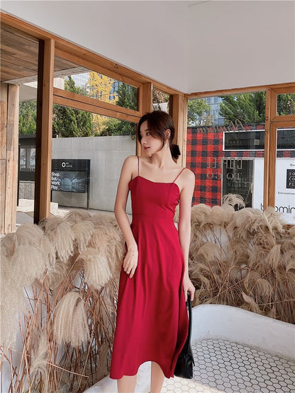 Spaghetti Strap V-Neck Plain Open Back Midi A-Line Dress