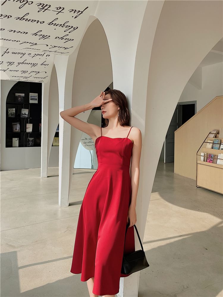 Spaghetti Strap V-Neck Plain Open Back Midi A-Line Dress