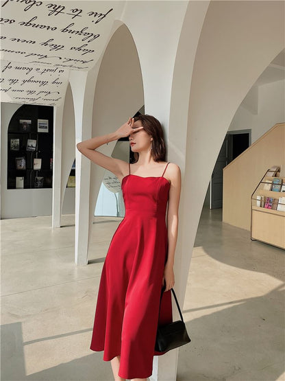 Spaghetti Strap V-Neck Plain Open Back Midi A-Line Dress