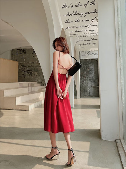 Spaghetti Strap V-Neck Plain Open Back Midi A-Line Dress
