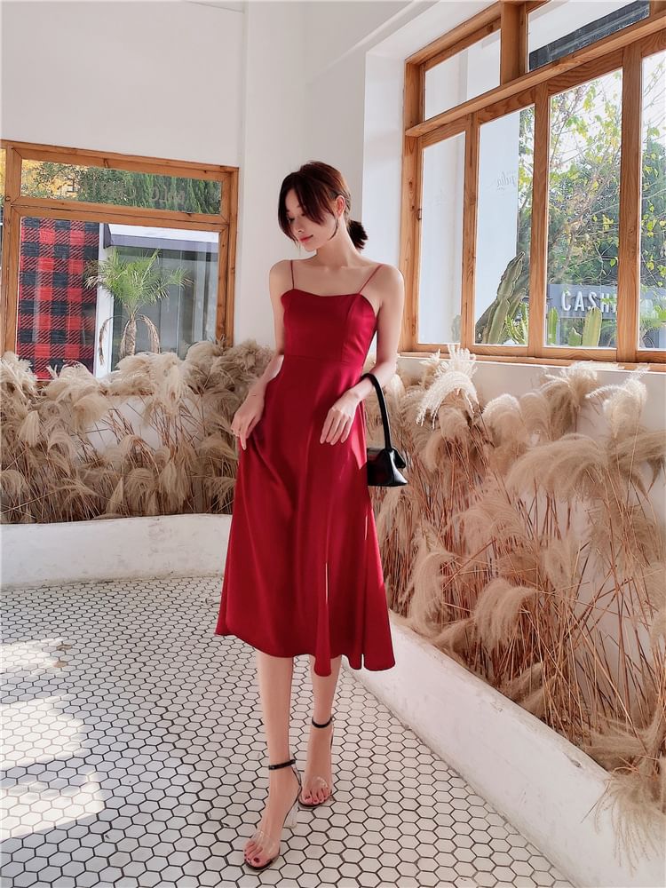 Spaghetti Strap V-Neck Plain Open Back Midi A-Line Dress