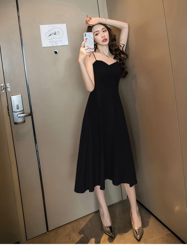 Spaghetti Strap V-Neck Plain Open Back Midi A-Line Dress