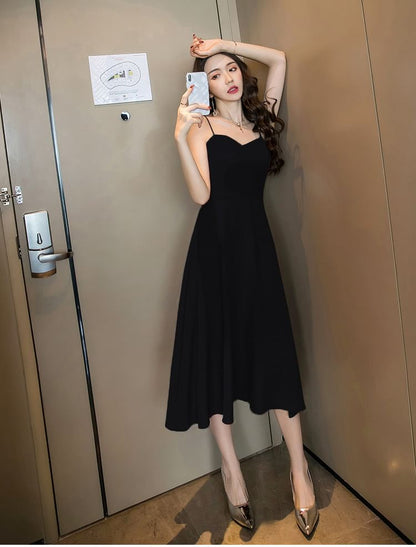 Spaghetti Strap V-Neck Plain Open Back Midi A-Line Dress