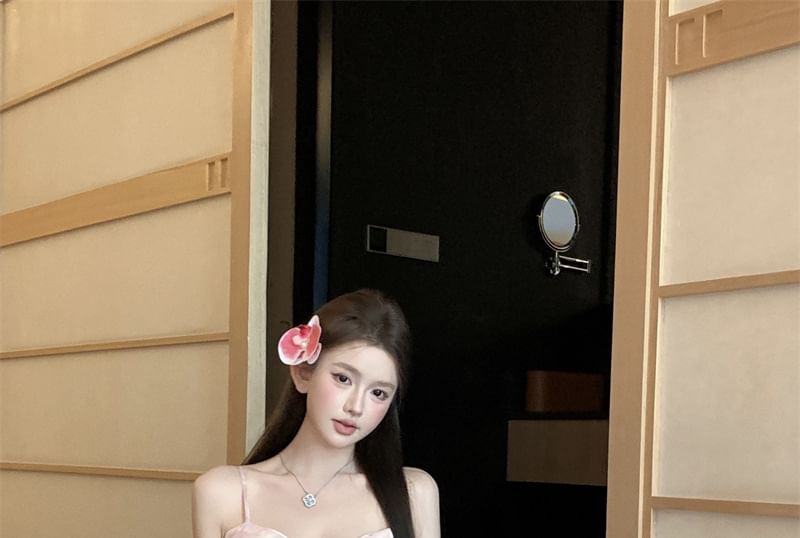 Spaghetti Strap V-Neck Floral Print Ruched Maxi A-Line Dress