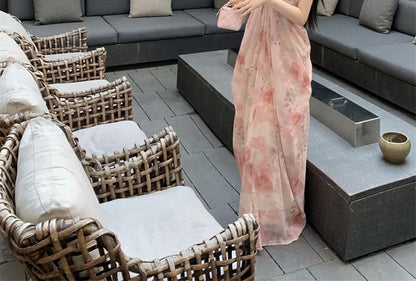 Spaghetti Strap V-Neck Floral Print Ruched Maxi A-Line Dress