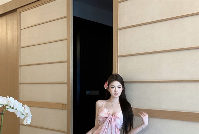 Spaghetti Strap V-Neck Floral Print Ruched Maxi A-Line Dress