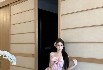 Spaghetti Strap V-Neck Floral Print Ruched Maxi A-Line Dress