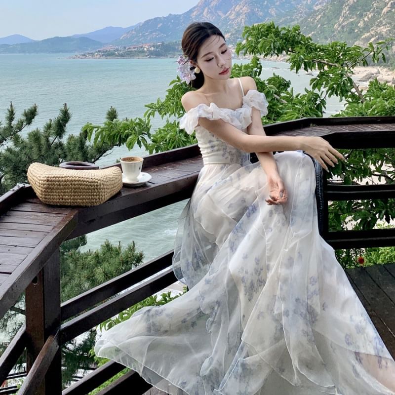 Square Neck Cold Shoulder Floral Print Ruffle Trim Ruched Maxi A-Line Dress