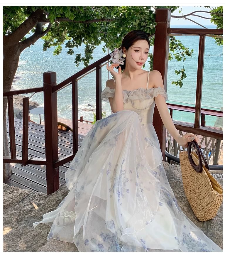 Square Neck Cold Shoulder Floral Print Ruffle Trim Ruched Maxi A-Line Dress