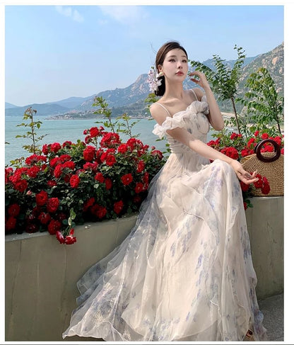 Square Neck Cold Shoulder Floral Print Ruffle Trim Ruched Maxi A-Line Dress