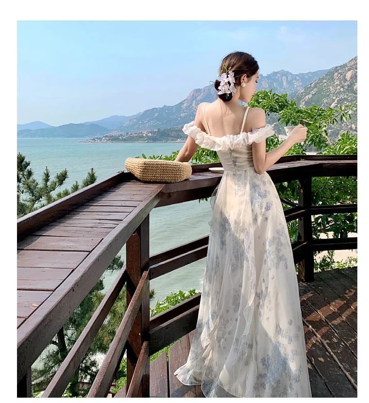 Square Neck Cold Shoulder Floral Print Ruffle Trim Ruched Maxi A-Line Dress