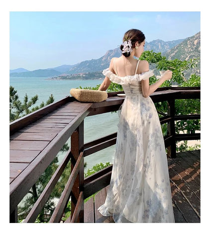 Square Neck Cold Shoulder Floral Print Ruffle Trim Ruched Maxi A-Line Dress