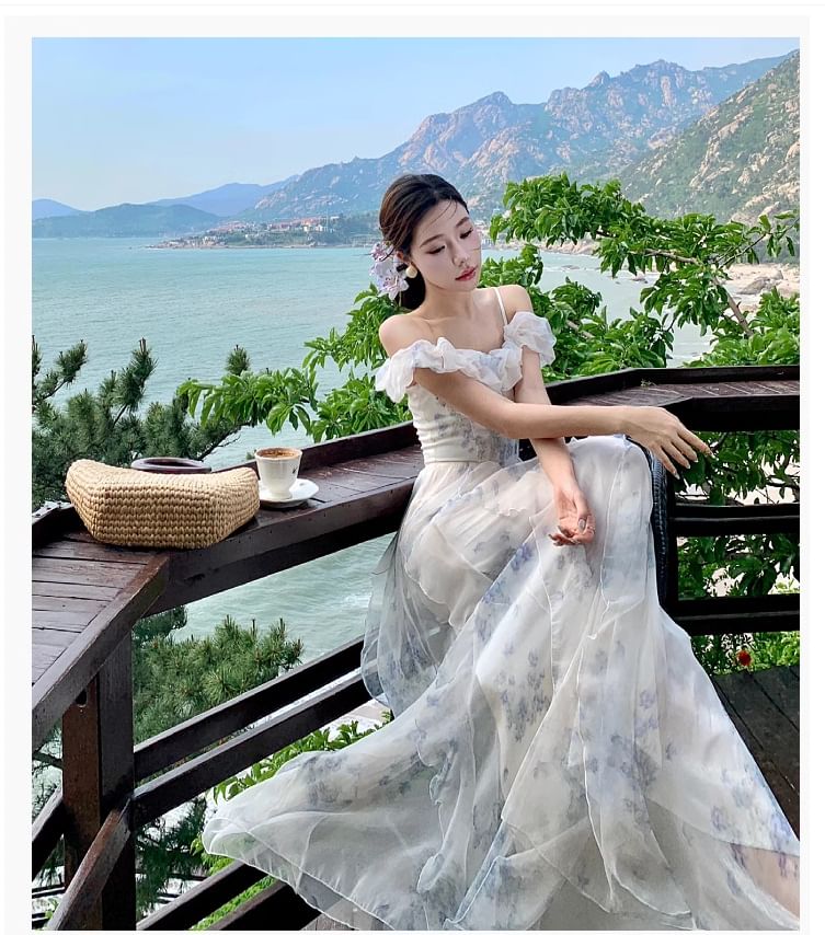 Square Neck Cold Shoulder Floral Print Ruffle Trim Ruched Maxi A-Line Dress