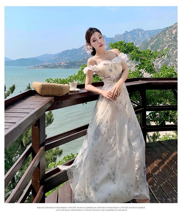 Square Neck Cold Shoulder Floral Print Ruffle Trim Ruched Maxi A-Line Dress