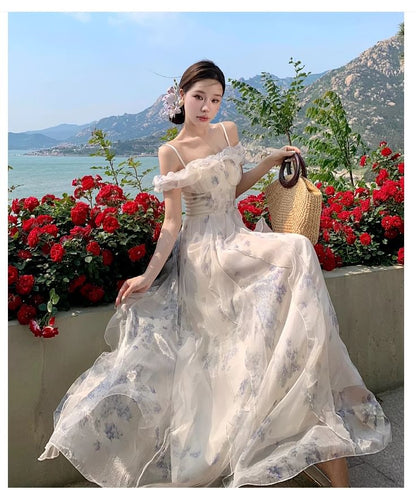 Square Neck Cold Shoulder Floral Print Ruffle Trim Ruched Maxi A-Line Dress