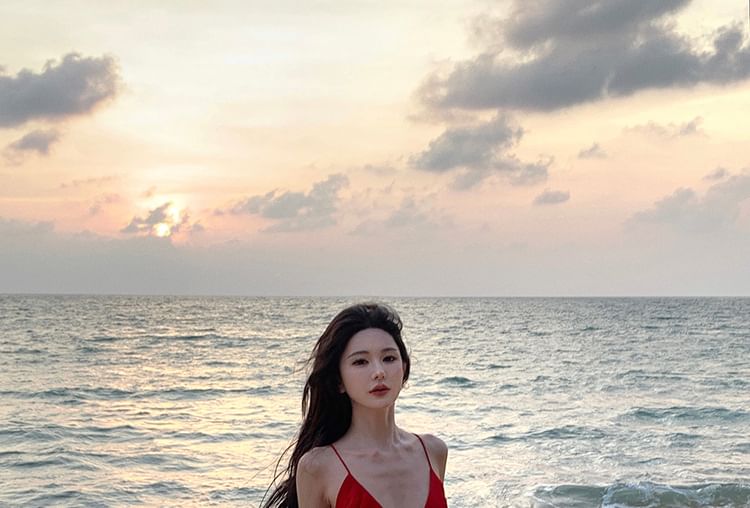 Spaghetti Strap V-Neck Plunge Plain Ruffle Trim Open Back Slit Maxi A-Line Dress