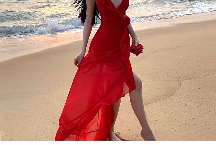 Spaghetti Strap V-Neck Plunge Plain Ruffle Trim Open Back Slit Maxi A-Line Dress