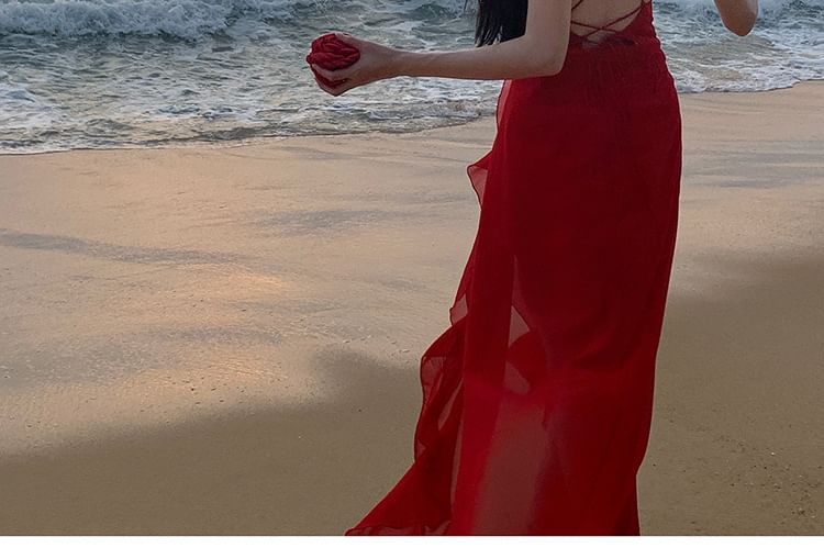 Spaghetti Strap V-Neck Plunge Plain Ruffle Trim Open Back Slit Maxi A-Line Dress