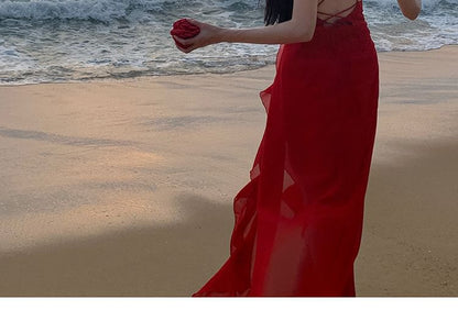 Spaghetti Strap V-Neck Plunge Plain Ruffle Trim Open Back Slit Maxi A-Line Dress