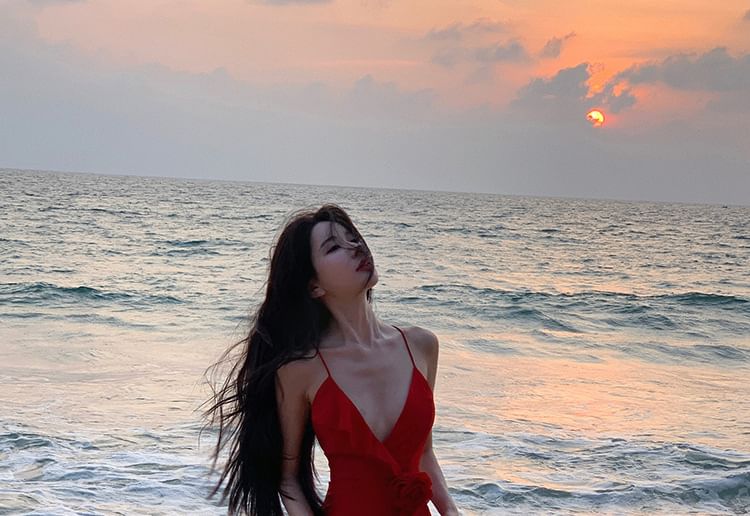 Spaghetti Strap V-Neck Plunge Plain Ruffle Trim Open Back Slit Maxi A-Line Dress