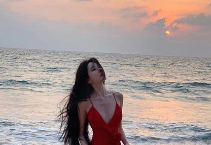 Spaghetti Strap V-Neck Plunge Plain Ruffle Trim Open Back Slit Maxi A-Line Dress