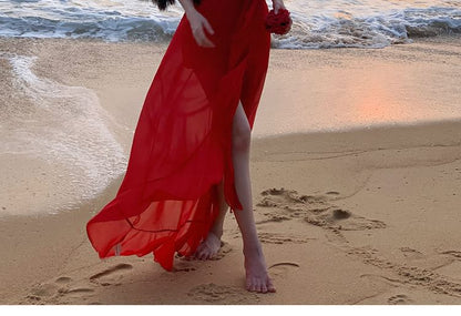 Spaghetti Strap V-Neck Plunge Plain Ruffle Trim Open Back Slit Maxi A-Line Dress