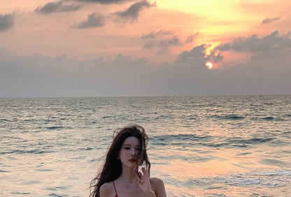 Spaghetti Strap V-Neck Plunge Plain Ruffle Trim Open Back Slit Maxi A-Line Dress