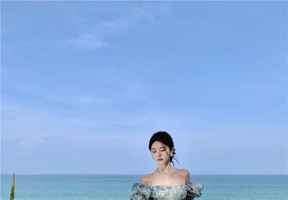 Puff-Sleeve Off-Shoulder Floral Print Ruffle Trim Slit Maxi A-Line Dress