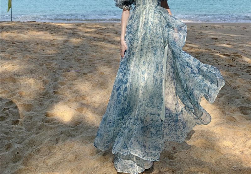 Puff-Sleeve Off-Shoulder Floral Print Ruffle Trim Slit Maxi A-Line Dress