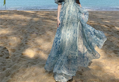 Puff-Sleeve Off-Shoulder Floral Print Ruffle Trim Slit Maxi A-Line Dress