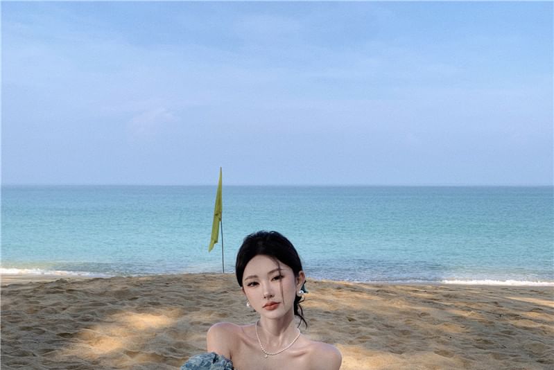 Puff-Sleeve Off-Shoulder Floral Print Ruffle Trim Slit Maxi A-Line Dress