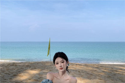 Puff-Sleeve Off-Shoulder Floral Print Ruffle Trim Slit Maxi A-Line Dress