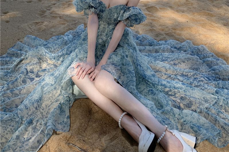 Puff-Sleeve Off-Shoulder Floral Print Ruffle Trim Slit Maxi A-Line Dress